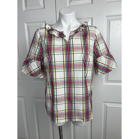 Talbots Short Sleeve Ruffle Top Cream Plaid Size LP - Picture 1 of 12